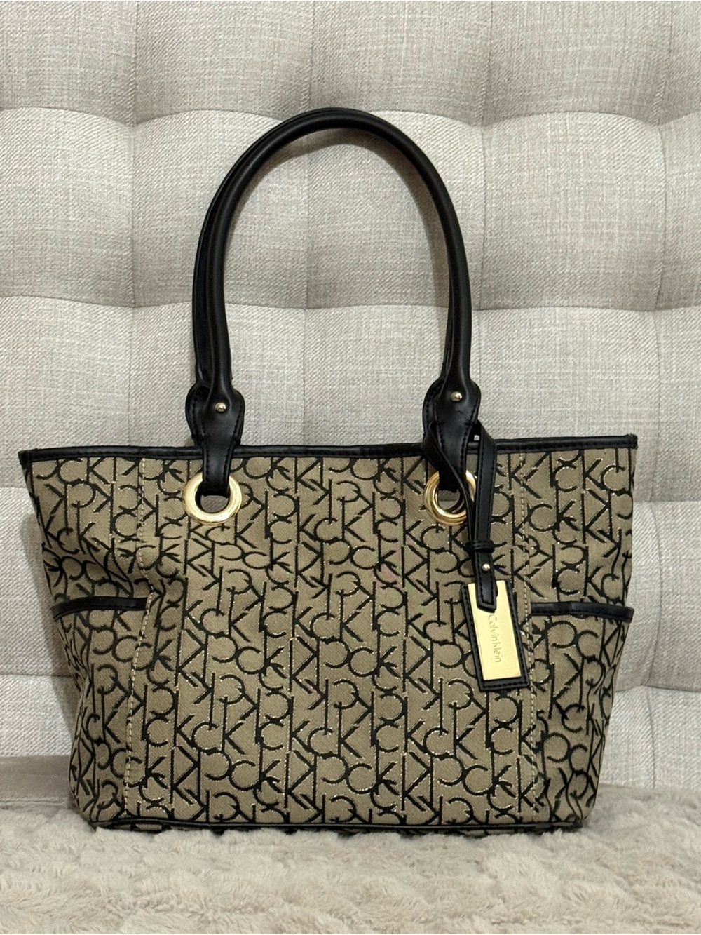 Vintage Y2K Calvin Klein Black Trim Beige Monogram Tote